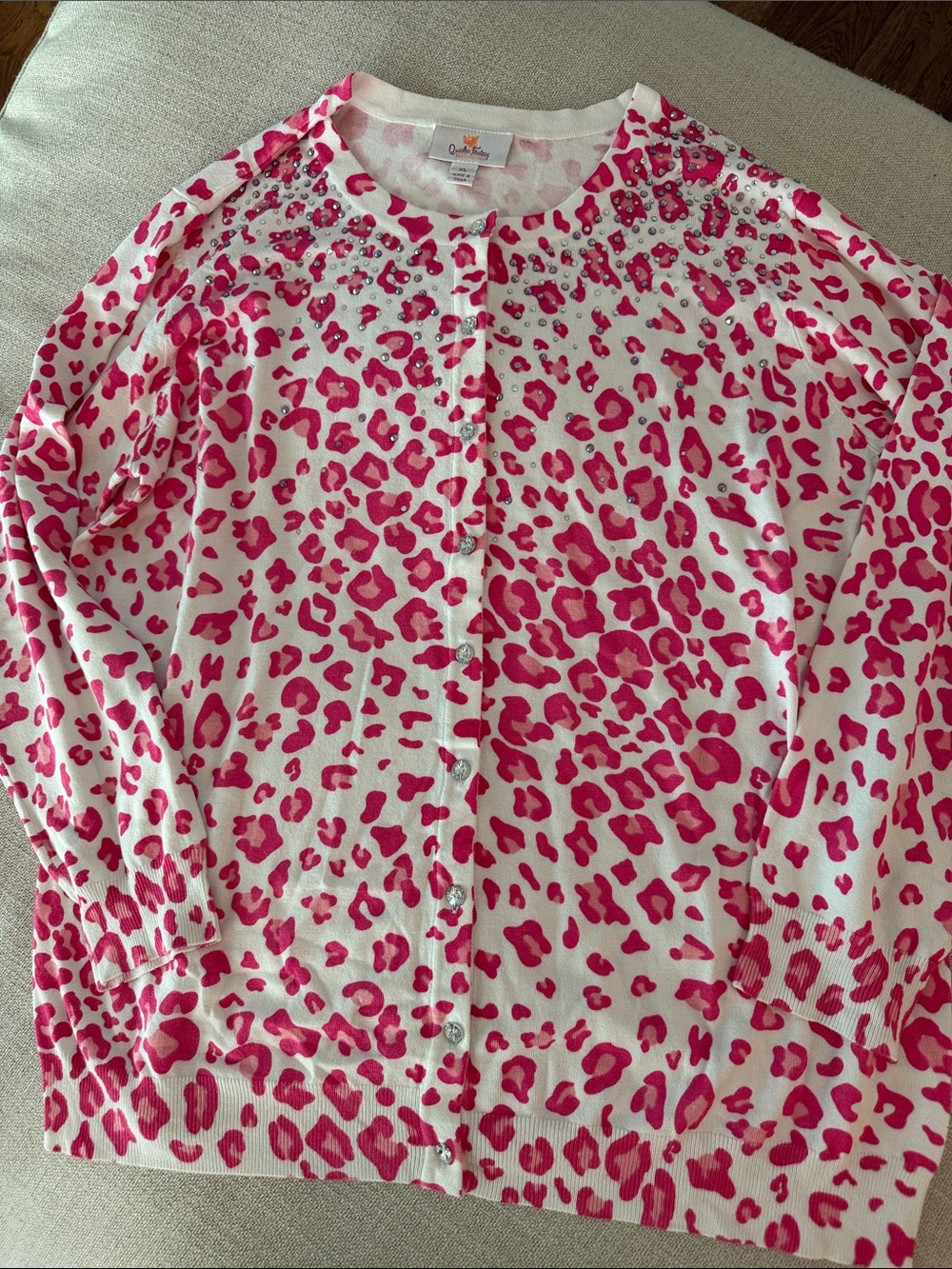 Quacker Factory Pink and White Leopard Print Cardigan Sweater